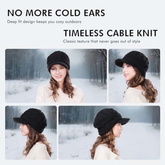 Oversized Wool Blend Visor Beanie Cable Knit Hat for Large Heads